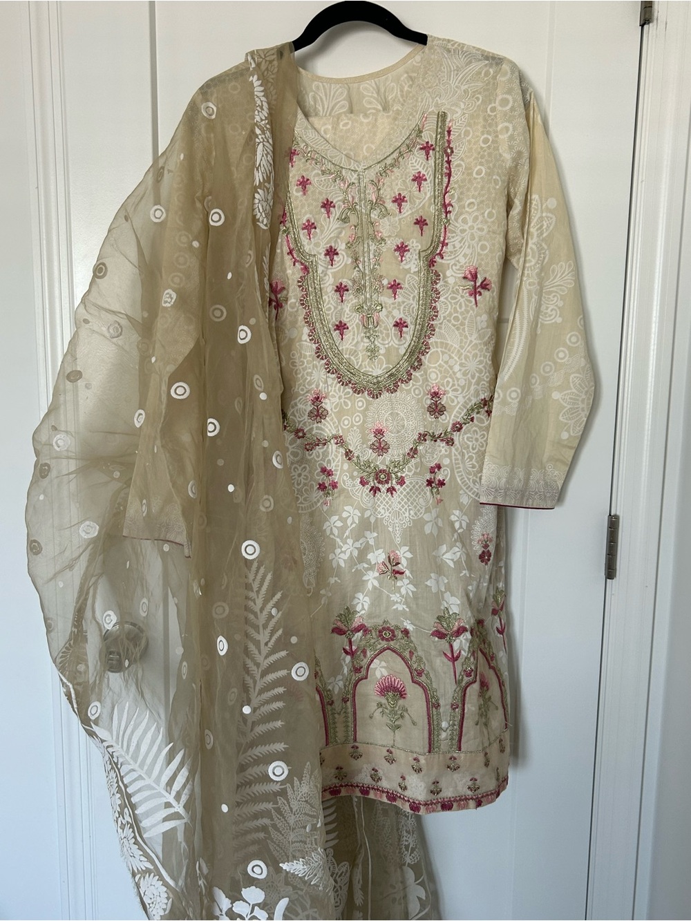 Cream printed, Embroidered, Lawn ,Dress, shalwar kameez